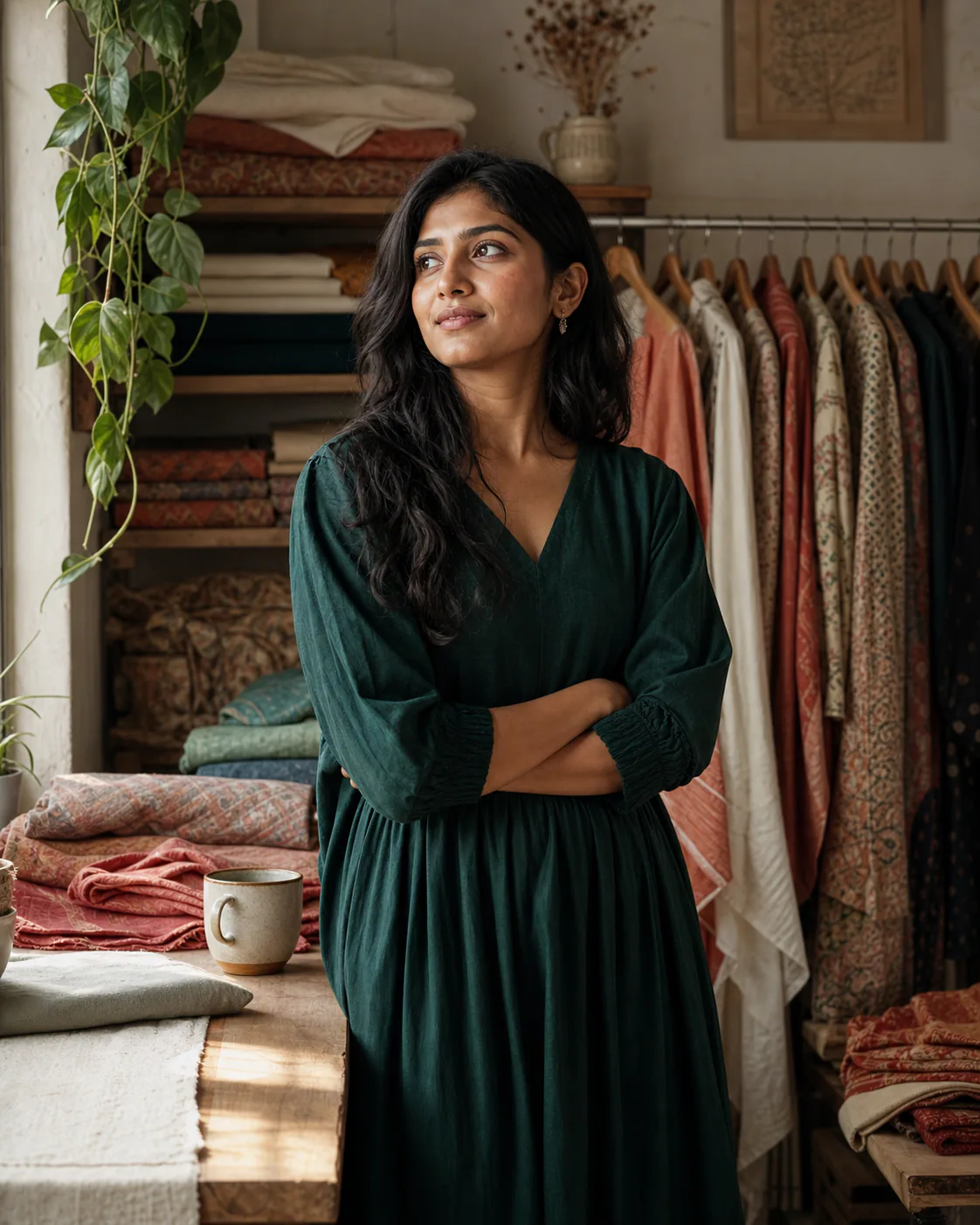 A boutique founder in her textile studio