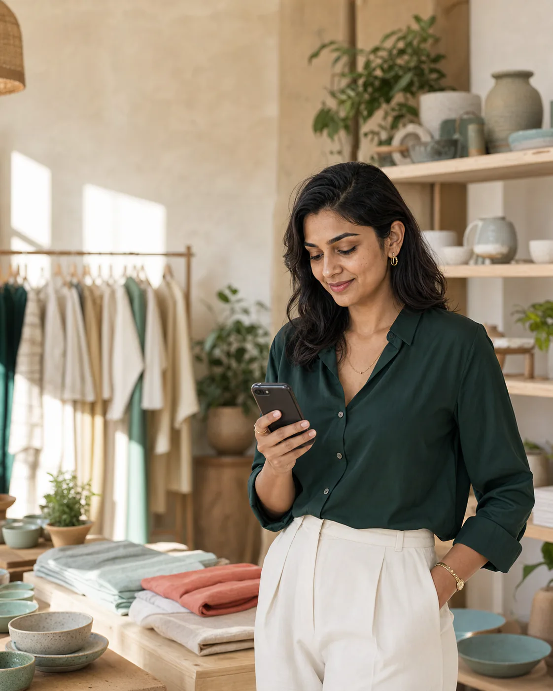 A boutique owner reading a customer message on her phone